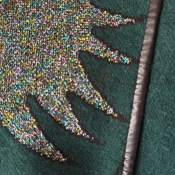 Vintage batwing Green wool Sweater with metallic Design and leather trim small - Picture 6 of 9